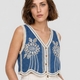 Vestă damă din bumbac albastră cu broderie florală