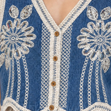 Vestă damă din bumbac albastră cu broderie florală
