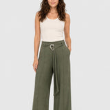 Pantaloni damă cu croială wide leg și cordon, kaki