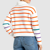 Pulover femei MDM tricot reiat cu guler înalt dungi alb mix