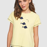 Tricou damă MDM din bumbac elastic cu imprimeu grafic, galben