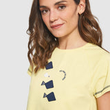 Tricou damă MDM din bumbac elastic cu imprimeu grafic, galben