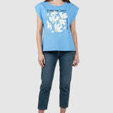 Tricou femei MDM bumbac elastic cu imprimeu floral albastru