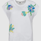 Tricou femei MDM bumbac cu aplicații florale brodate alb