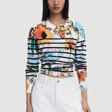 Bluză damă Desigual din bumbac cu imprimeu floral și dungi, alb mix