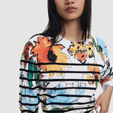 Bluză damă Desigual din bumbac cu imprimeu floral și dungi, alb mix
