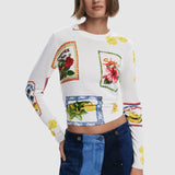 Pulover damă Desigual scurt cu imprimeu grafic, mânecă lungă, alb