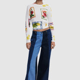 Pulover damă Desigual scurt cu imprimeu grafic, mânecă lungă, alb