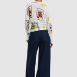 Pulover damă Desigual scurt cu imprimeu grafic, mânecă lungă, alb