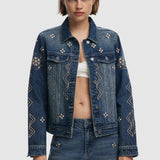 Geacă denim Desigual damă cu broderii decorative și buzunare, albastru