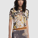 Fustă damă Desigual midi cu imprimeu artistic și strat transparent, maro mix