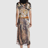 Fustă damă Desigual midi cu imprimeu artistic și strat transparent, maro mix