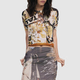 Fustă damă Desigual midi cu imprimeu artistic și strat transparent, maro mix