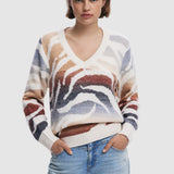 Pulover damă Desigual cu decolteu în V și imprimeu abstract, crem mix