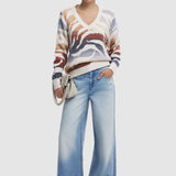 Pulover damă Desigual cu decolteu în V și imprimeu abstract, crem mix