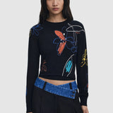 Pulover damă Desigual cu imprimeu floral abstract, croială scurtă, negru