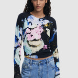 Pulover damă Desigual cu imprimeu abstract multicolor, croială scurtă, negru