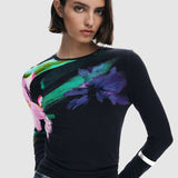 Bluză damă Desigual cu imprimeu floral asimetric, mânecă lungă, negru mix