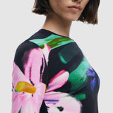 Bluză damă Desigual cu imprimeu floral asimetric, mânecă lungă, negru mix