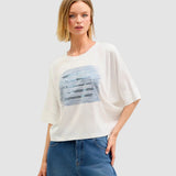 Tricou oversize pentru femei cu aplicație brodată și paiete Alb | Cristina Barros