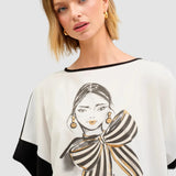 Tricou femei Cristina Barros oversized cu imprimeu grafic alb-negru