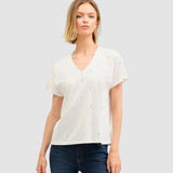 Tricou pentru femei din Pima bumbac cu decolteu V și broderie Alb | Cristina Barros