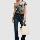 Rucsac tote femei Desigual crem texturată cu mâner împletit