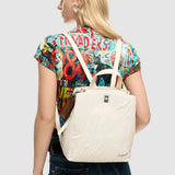 Rucsac tote femei Desigual crem texturată cu mâner împletit