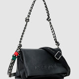 Geantă femei Desigual neagră cu logo embosat și curea împletită