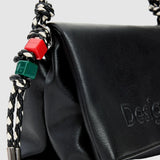 Geantă femei Desigual neagră cu logo embosat și curea împletită