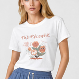 Tricou femei bumbac elastic cu imprimeu floral, alb cărămiziu