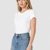 Tricou femei bumbac elastic cu aplicații florale, alb
