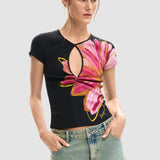 Tricou damă Desigual cu imprimeu floral, negru