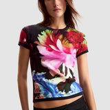 Tricou femei Desigual negru cu imprimeu floral frontal