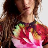 Tricou femei Desigual negru cu imprimeu floral frontal