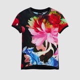 Tricou femei Desigual negru cu imprimeu floral frontal