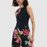 Rochie femei Desigual asimetrică cu imprimeu floral negru