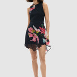 Rochie femei Desigual asimetrică cu imprimeu floral negru