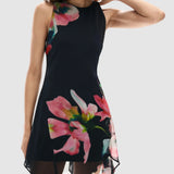 Rochie femei Desigual asimetrică cu imprimeu floral negru