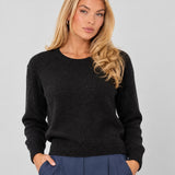 Pulover damă negru din tricot cu fir Lurex și decolteu rotund