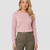 Pulover damă roz din tricot cu fir Lurex, cu decolteu rotund