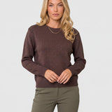Pulover damă maro din tricot cu fir Lurex și decolteu rotund