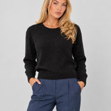Pulover damă negru din tricot cu fir Lurex și decolteu rotund