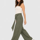 Pantaloni damă cu croială wide leg și cordon, kaki