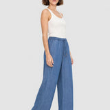 Pantaloni denim damă din liocel cu croială wide leg albaștri