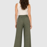 Pantaloni damă cu croială wide leg și cordon, kaki