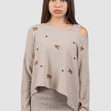 Compleu femei bej cu top asimetric și fustă midi rib