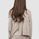 Compleu femei bej cu top asimetric și fustă midi rib