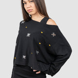 Compleu femei negru cu top asimetric și fustă midi rib