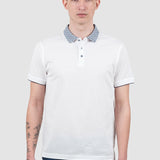 Tricou polo bărbați bumbac alb cu guler modelat contrast